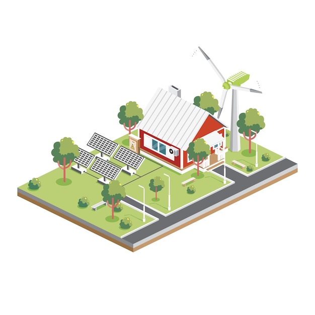 Paneles solares isométricos con turbina eólica en Suburb Green Eco Friendly House