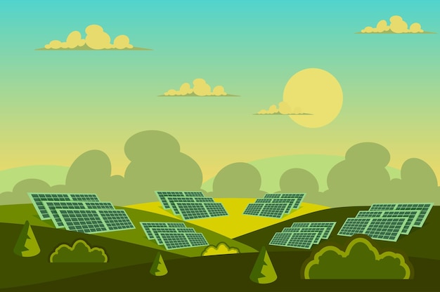Paneles solares en paisaje de campo en estilo de dibujos animados planos