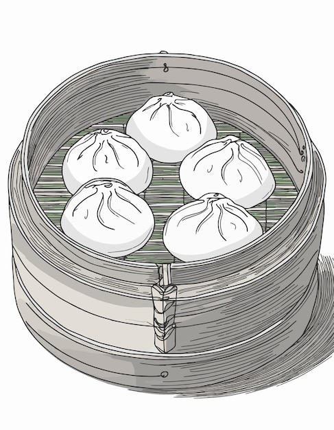 Panes de Bao al vapor delicias culinarias en cestas de bambú arte de línea albóndigas tradicionales chinas al vapor