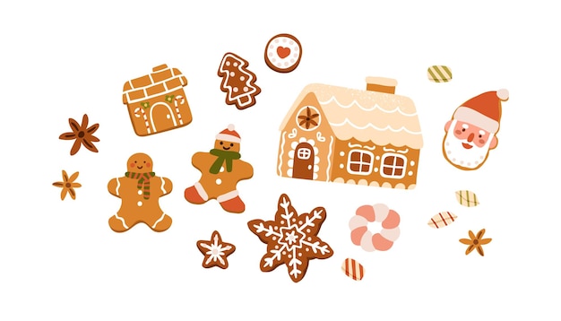 Panes de jengibre, galletas navideñas. Pan de jengibre navideño, galletas de diferentes formas con glaseado de azúcar dulce. Postre festivo, panadería. Ilustración de vector plano aislado sobre fondo blanco.