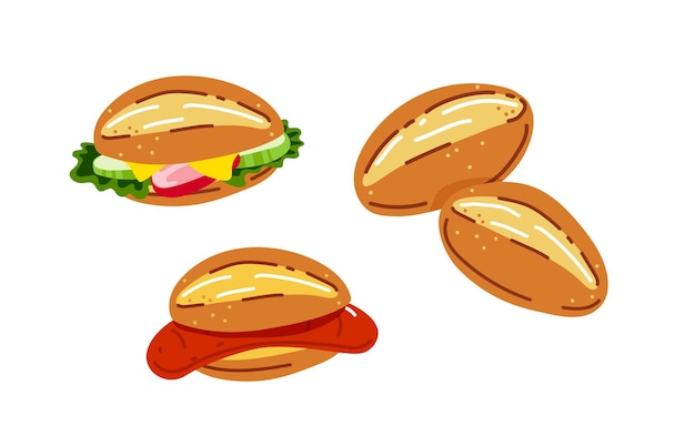 Panes con verduras o sándwiches con ilustración vectorial de salchichas a la parrilla
