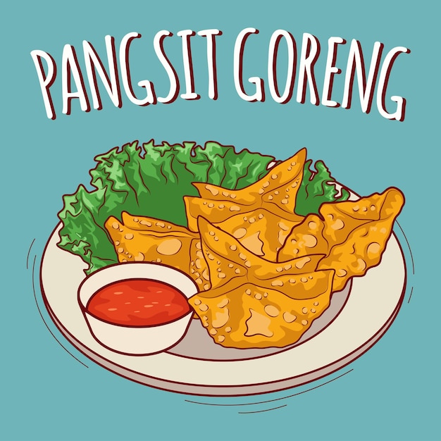 Pangsit goreng ilustración comida indonesia con estilo de dibujos animados
