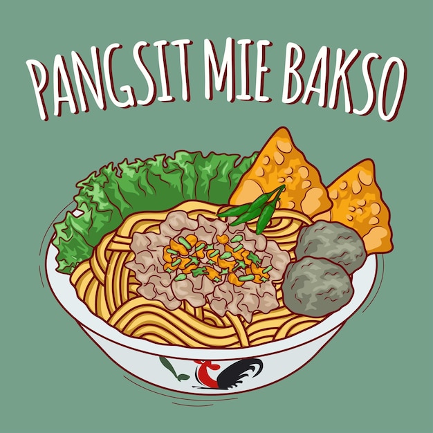 Pangsit mie bakso ilustración comida indonesia con estilo de dibujos animados