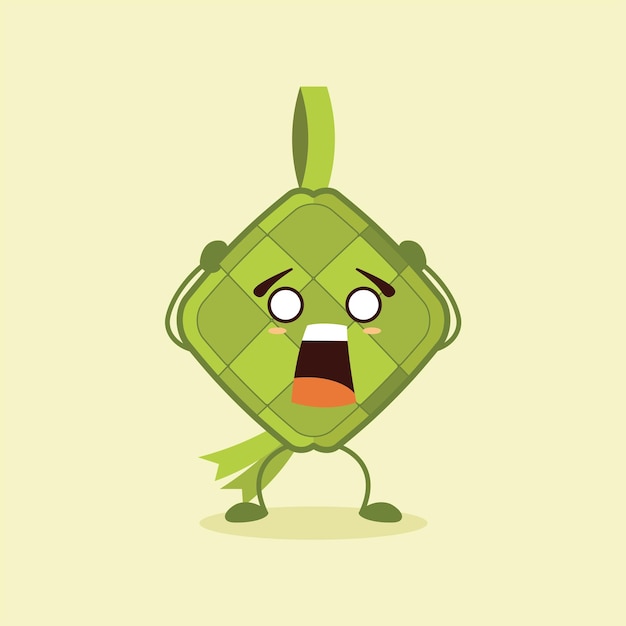 el pánico del lindo personaje ketupat hacia algo tan conmocionado que abrió su boca de par en par