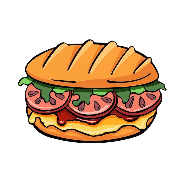 Panini aislado sobre fondo blanco diseño de vector de sándwich italiano colorido icono de sándwich panini queso con jamón, verduras y salsa famoso vector de comida rápida italiana diseño de sándwich