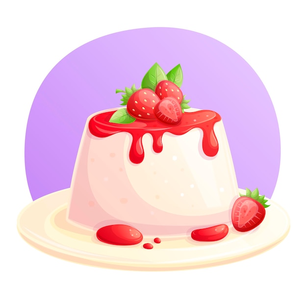 Panna cotta adornado con fresas en un plato el concepto de una pastelería pastelería y un