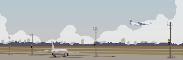 Panorama del aeropuerto con vistas a la ciudad en el horizonte vector