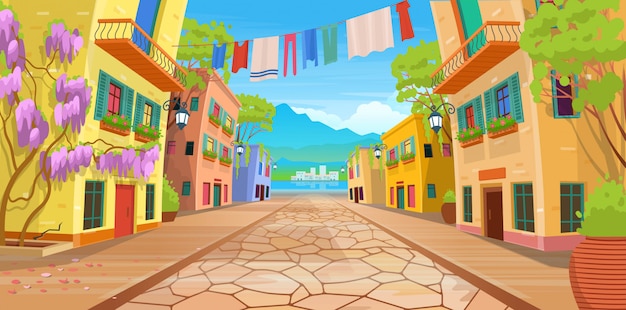 Panorama de la carretera sobre una calle con linternas y ropa lavada. Ilustración de vector de calle de verano en estilo de dibujos animados.