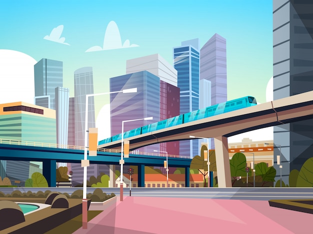 Vector panorama de la ciudad moderna con rascacielos de alta y la ilustración de paisaje urbano de metro