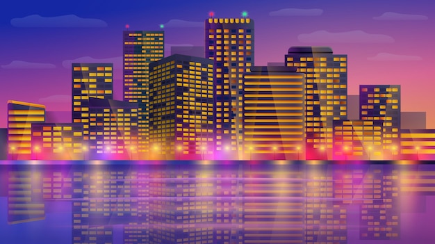 Panorama de la ciudad en la noche, ilustración vectorial