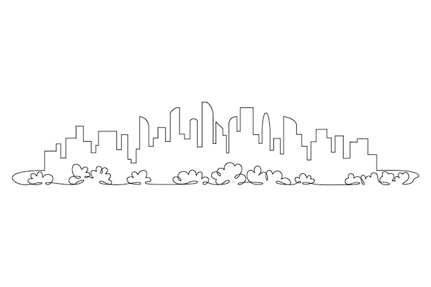Panorama de la ciudad con rascacielos dibujados en una línea continua en minimalismo línea única