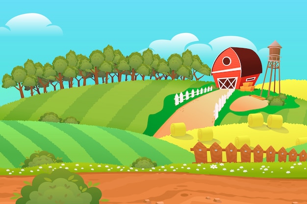 Vector panorama de la granja de dibujos animados con campos y granja roja