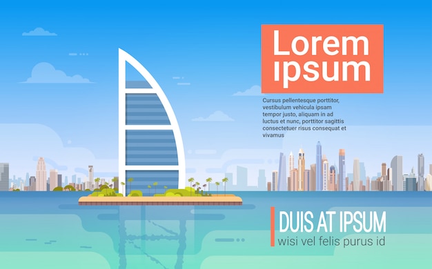 Panorama del horizonte de Dubai, viajes de negocios del paisaje urbano del edificio moderno y concepto del turismo