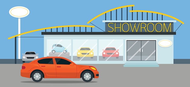 Vector panorama de ilustración de sala de exposición de automóviles