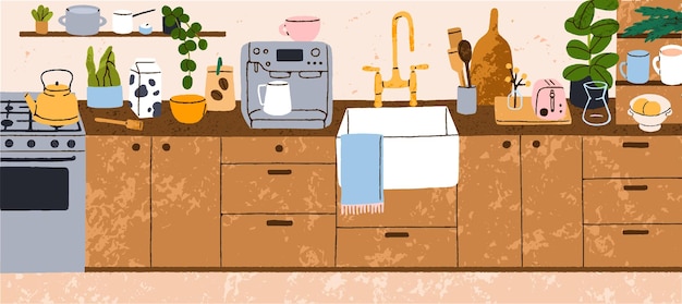 Panorama interior acogedor de la cocina de la casa armarios de madera cocinera de muebles con fregadero y toalla aparatos de cocina armarios de comedor de madera utensilios para máquinas de café ilustración vectorial plana