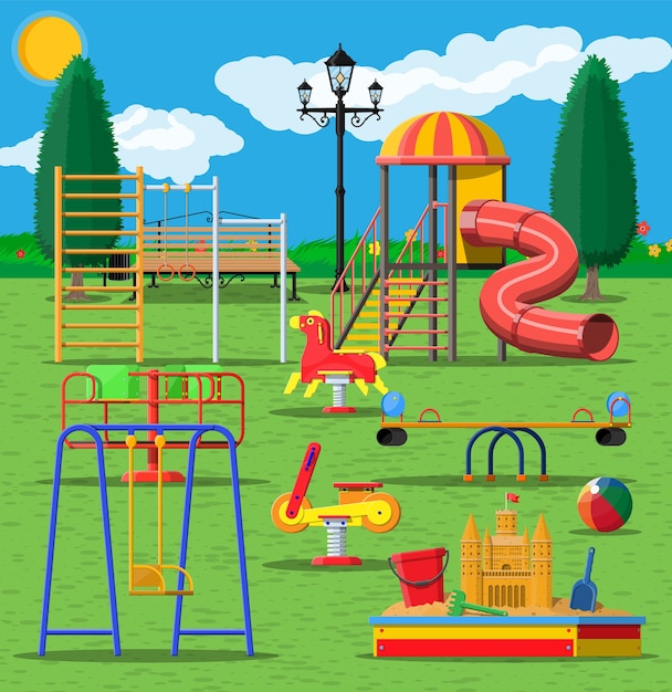 Vector panorama de jardín de infantes de juegos para niños.
