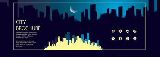 Panorama nocturno sencillo skyline minimalista de la ciudad libro de guía turística de viaje. folleto, volante, portada, cartel o plantilla de guía. ilustración moderna vectorial.