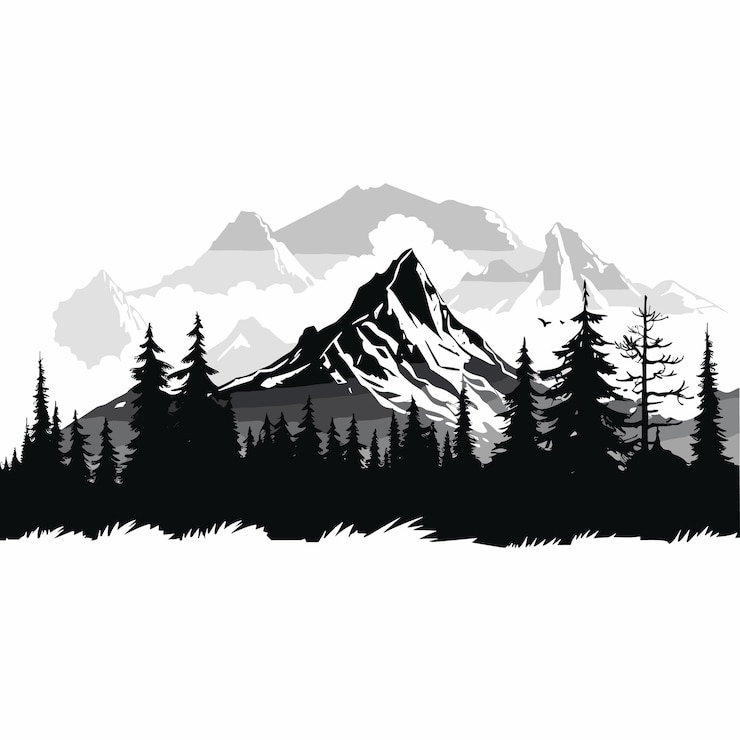 Vector panorama de paisaje blanco y negro de montañas en la ilustración de vector de neblina de la mañana