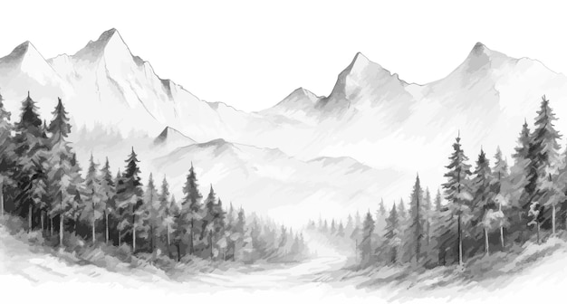 Panorama de paisaje de cordillera dibujado a mano con horizonte de montañas rocosas Ilustración vectorial