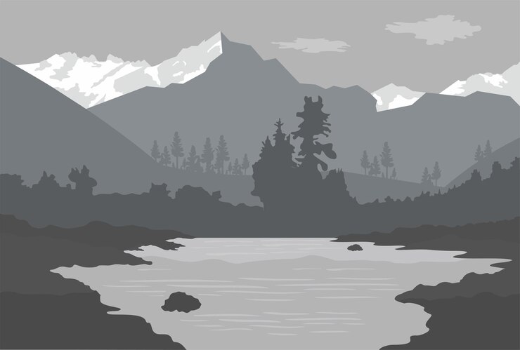 Panorama de paisaje hermoso de montaña en color de escala de grises y vector de siluetas de árboles y lagos