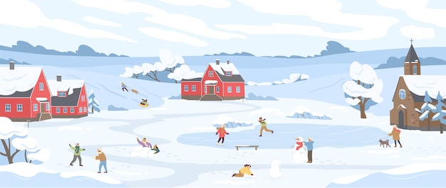 Panorama del paisaje invernal con gente de ocio ilustración vectorial. los personajes de dibujos animados felices disfrutan de actividades al aire libre. hombre, mujer y niños en trineo, patinaje sobre hielo, esquí, jugando bolas de nieve en el parque.