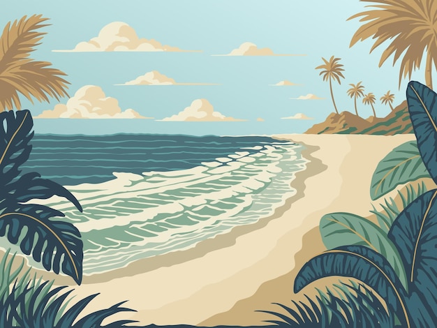 Panorama de playa de verano tropical ilustración de estilo de dibujos animados vintage