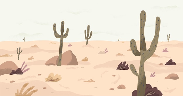 Panorama de la tranquila tierra desértica con cactus en arena seca. Vista panorámica del paisaje natural del sur con plantas del sur en tiempo de sequía. Ilustración de vector plano del paisaje del desierto.