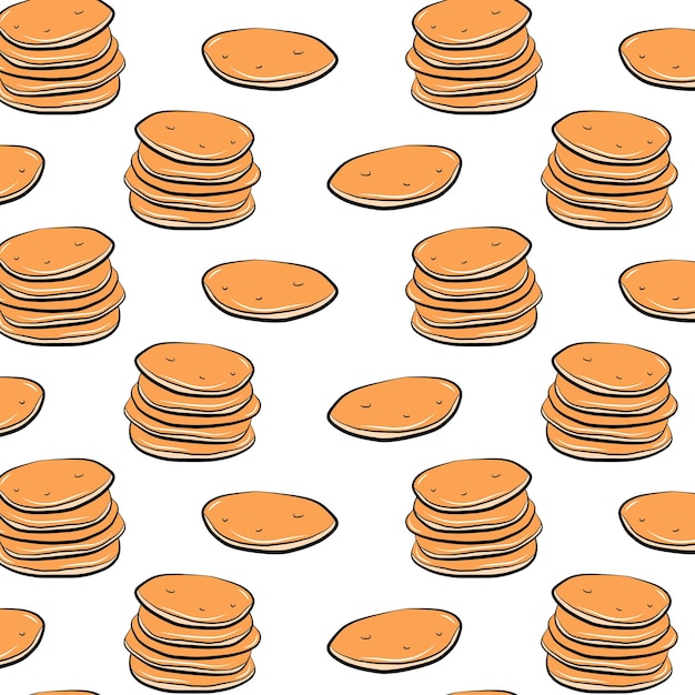 Panqueque aislado de patrones sin fisuras Vector dulces ilustración Logo panadería elemento de diseño Menú gráfico azúcar comida Dibujos animados plano garabato dibujo esquema boceto estilo Plantilla de impresión de tela