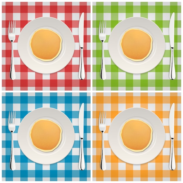Panqueque realista en un plato blanco con tenedor y cuchillo, conjunto de iconos. Primer plano, vista desde arriba.