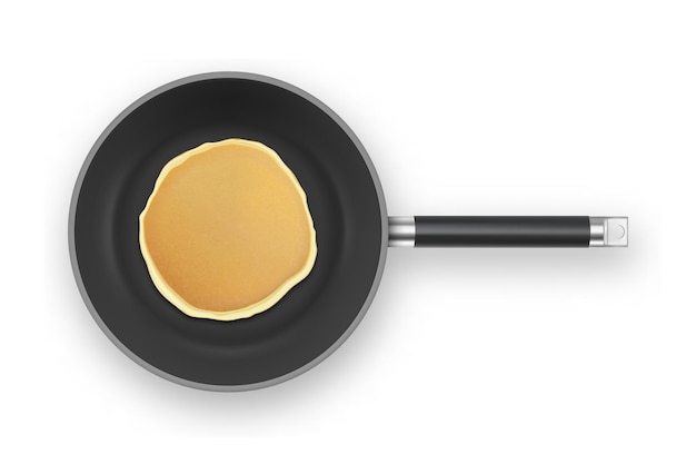 Panqueque realista en el primer plano de la sartén aislado sobre fondo blanco, vista superior. Plantilla de diseño para desayuno, menú de comida y concepto de estilo hogareño.