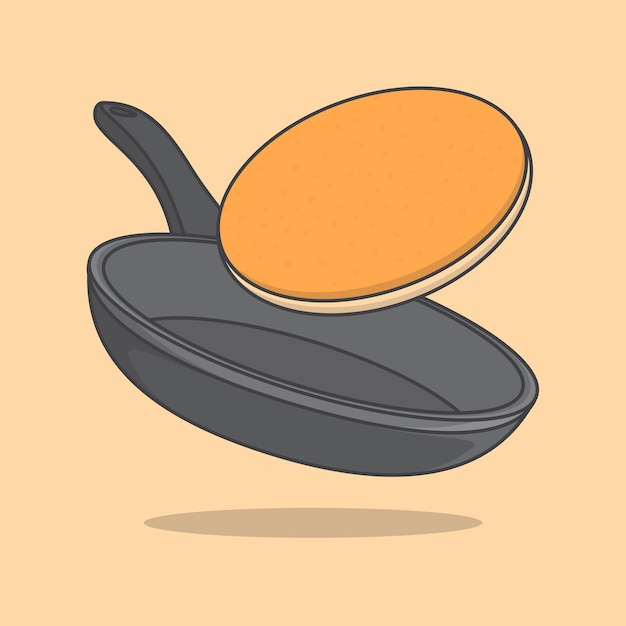 Panqueque en sartén Ilustración vectorial de dibujos animados Sartén con contorno de icono plano de panqueque