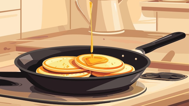 Panqueques de dibujos animados cocinando vertiendo masa en la sartén