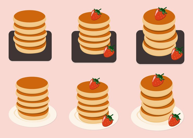 Panqueques de dibujos animados. Montones de sabrosos panqueques con fresa. Delicioso vector de comida para el desayuno.