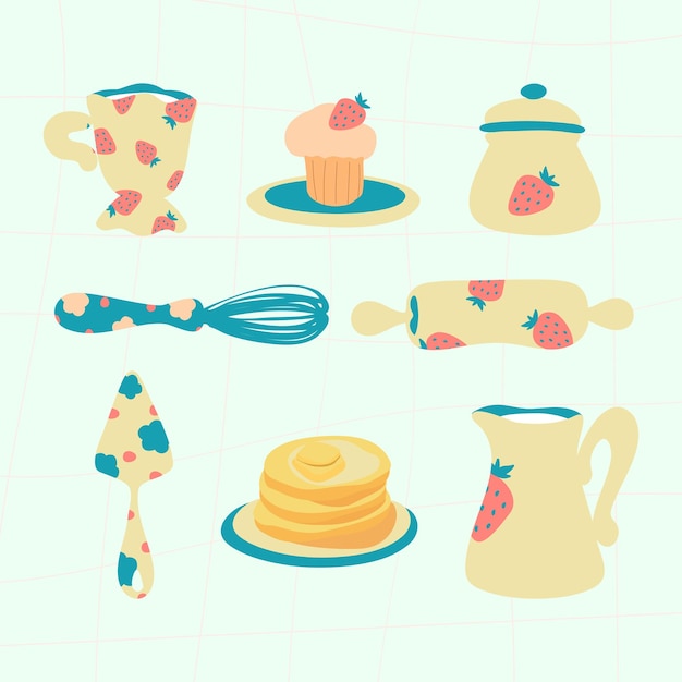 Panqueques, elementos vectoriales de panadería muffin. Tetera, utensilios de cocina, taza, tarro, leche. Estilo rústico.