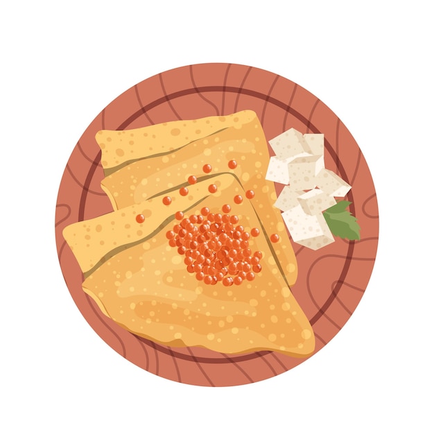 Vector panqueques en forma de sobre triangular bocadillo con caviar de pescado rojo y queso feta servido en plato de madera.