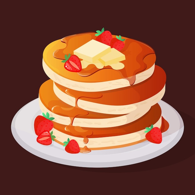 Panqueques con fresas. Ilustración vectorial sobre fondo blanco