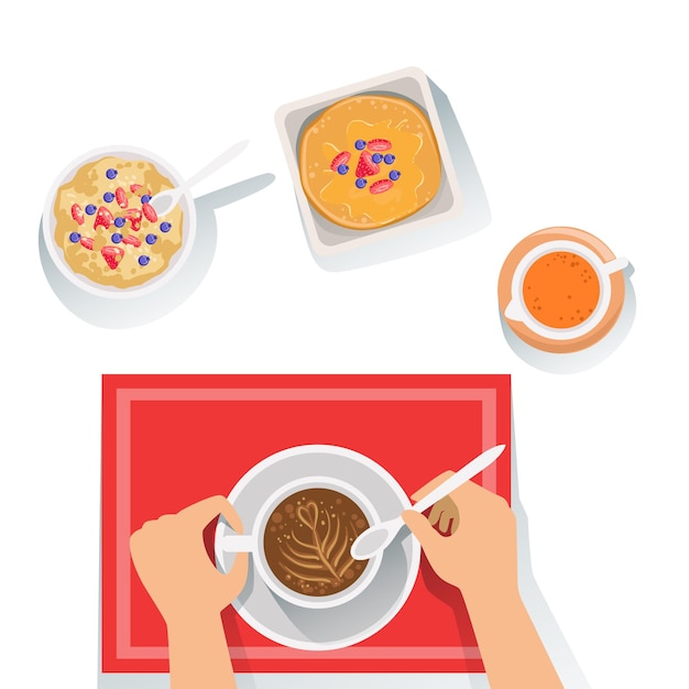 Panqueques gachas de avena y café desayuno clásico productos alimenticios y artículos de menú