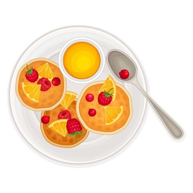 Panqueques con miel pegajosa y bayas servidos en el plato de arriba Vea la ilustración vectorial