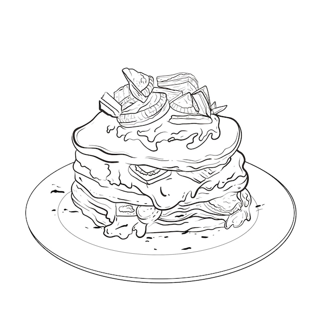 panqueques pasteles dulces sabroso desayuno en los gráficos vectoriales dibujo de panqueques vintage Ilustración de comida monocromática dibujada a mano Ideal para cartel o etiqueta de menú