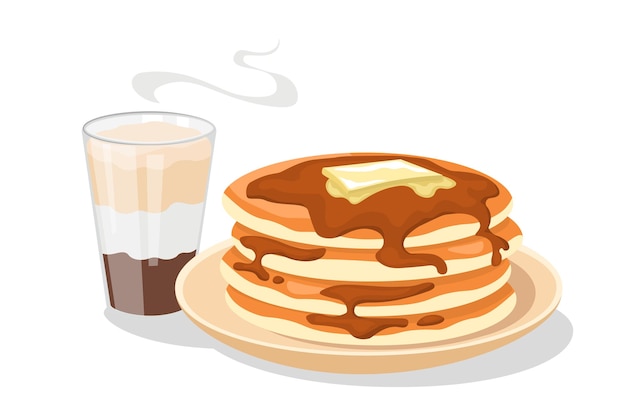 Panqueques en el plato Desayuno matutino tradicional y saludable con bebida caliente té o café con pasteles