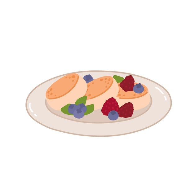 Vector panqueques de queso cottage o syrniki o panqueques de souffle servidos en un plato con bayas frescas frambuesas y arándanos comida de desayuno ilustración vectorial plana aislada en fondo blanco