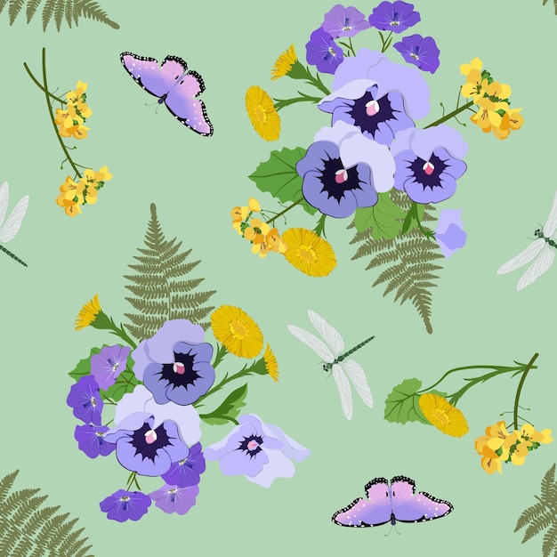 Pansies flores silvestres mariposas y libélulas sobre un fondo verde
