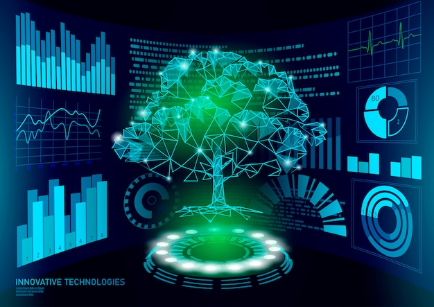 Pantalla 3d de baja poli poli planta verde hud ui. futuro triángulo poligonal punto línea ecología problemas solución biología abstracta. genoma ingeniería ilustración futuro negocio tecnología