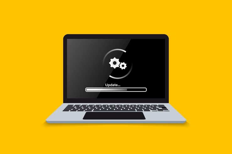 Vector pantalla de actualización de la computadora portátil proceso de carga o actualización en la pantalla de la computadora portátil instalar el software del sistema operativo