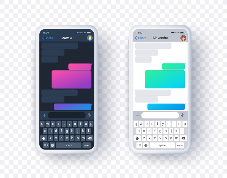 Vector pantalla de la aplicación de chat en modo claro y oscuro, cuadro de texto degradado con teclado en estilo plano. antecedentes.