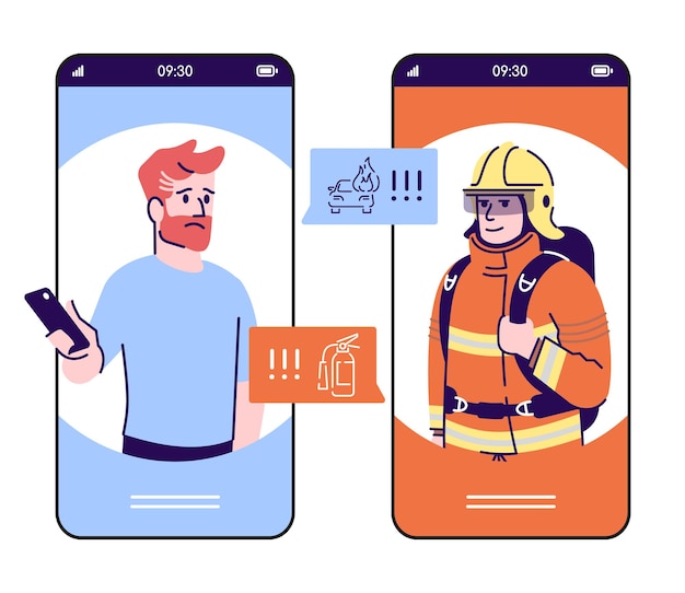 Pantalla de aplicación de dibujos animados de teléfono inteligente de llamada de emergencia. pantallas de teléfonos móviles con maqueta de diseño de personajes planos. bombero, llamada de urgencia de rescate a través de la interfaz de la aplicación telefónica. ilustración vectorial