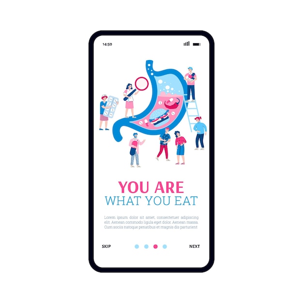 Pantalla de la aplicación de incorporación para la ilustración de vector plano de información de enfermedades estomacales