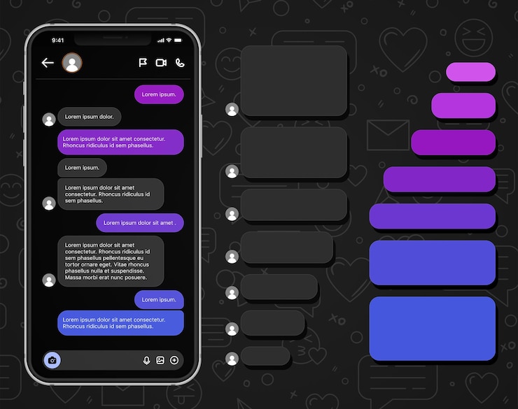 Vector pantalla de la aplicación de mensajería con interfaz de texto móvil de burbujas de chat