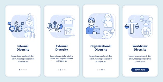 Pantalla de aplicación móvil de incorporación azul claro de diversidad en el lugar de trabajo