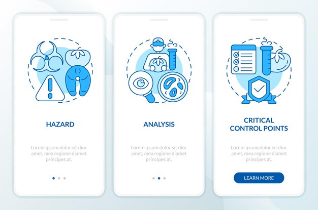 Pantalla de aplicación móvil de incorporación azul de elementos HACCP